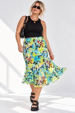 Cato NWT Abstract Print Mermaid Ruffle Midi Skirt Size Large
